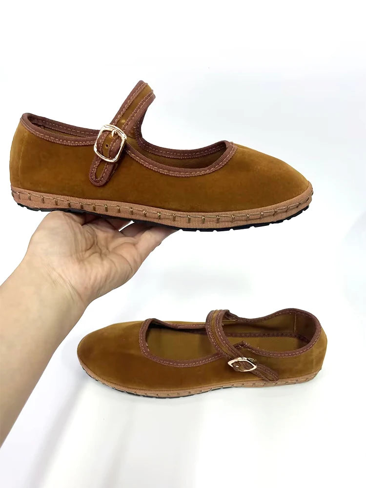 Velvet Mary Jane Shoes for Women Hand Stitch Casual Streetwear Ballet Flats Pumps Female Solid Color Red Cloth Shoes Loafers