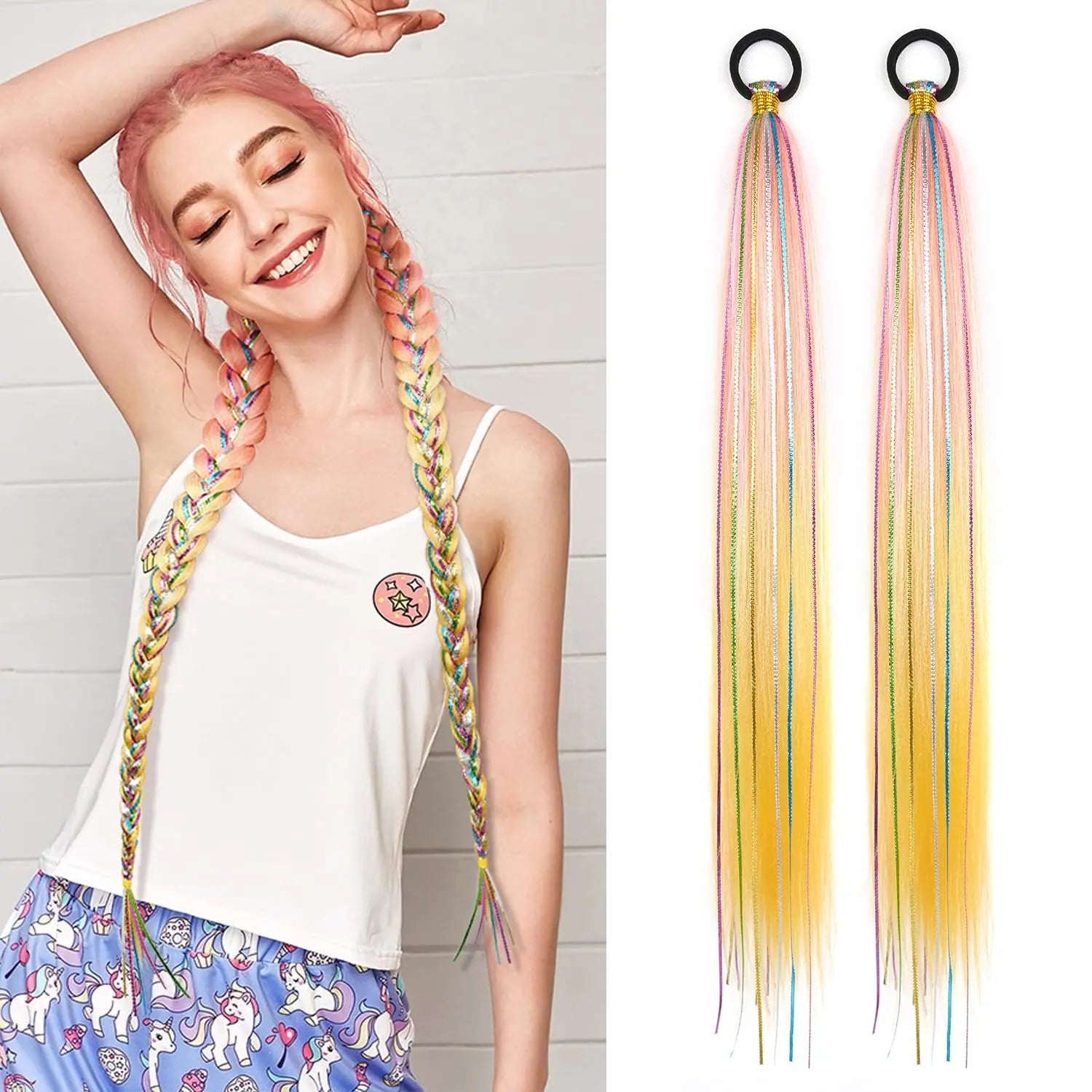 26 Inch Hair Tinsel Colored Braided Ponytail Extension 1/2 Pack Blue Pink Gradient Hair Extensions Synthetic Ponytail