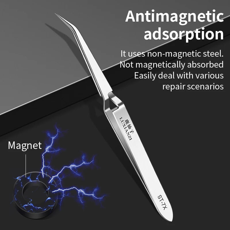 LUXIANZI Stainless Steel Reverse Tweezers Anti-Static Industrial Tweezers Acid Resistant Non-magnetic Precision Forceps Tools