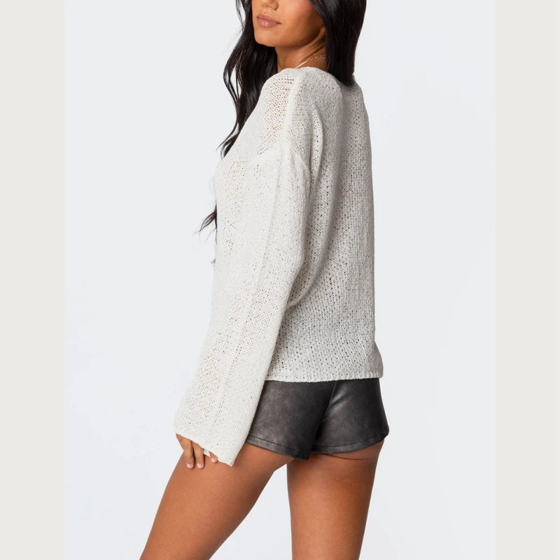 Women’s Y2K Sheer Knit Sweater – Oversized Striped Pullover