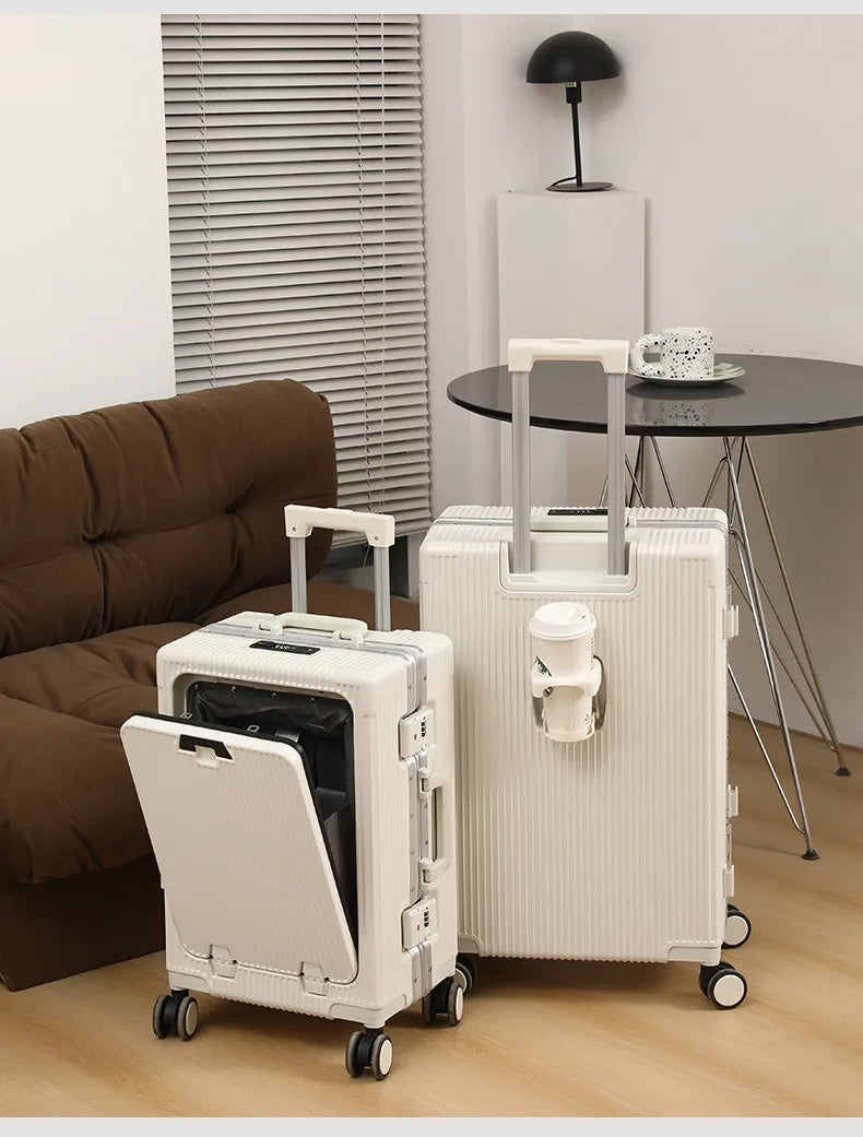 Suitcase Front Opening Pocket Aluminum Alloy Frame Rolling Luggage with USB Charging Plug Trolley Carry-on Case Bag with Wheel