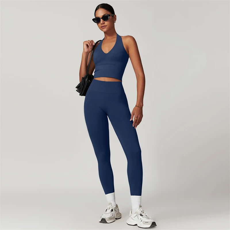 Women’s Seamless Yoga Set – Short Sleeve Crop Top & High-Waist Leggings