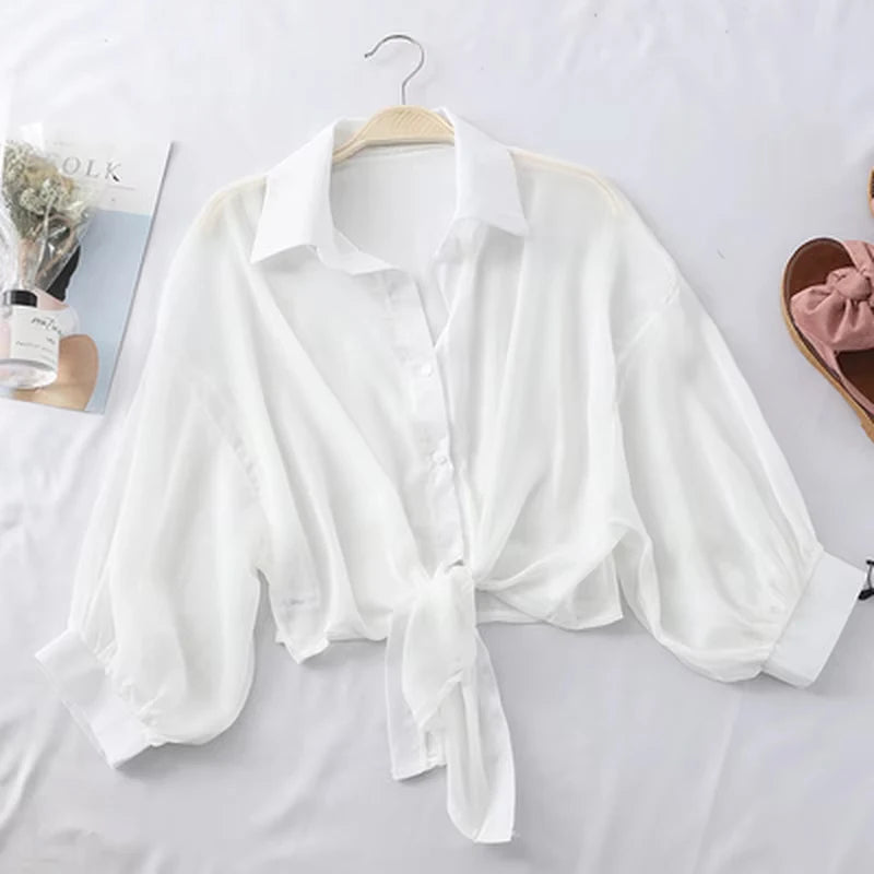 Women Summer Bat Half Sleeve Chiffon Shirt Casual Loose Button Hollow White Clothes Elegant Solid Color Tied Waist Blouse 9776