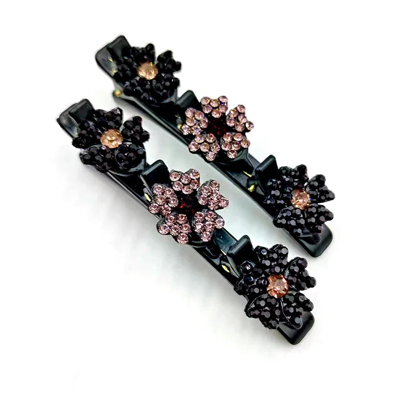 2Pcs/Set Rhinestone Flowers Hair Clip Fashion Double Layer  Braided Hairpins Women Headwear