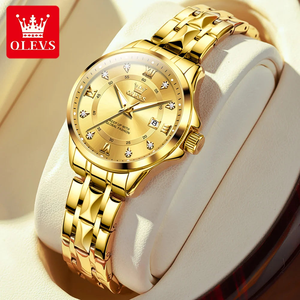 OLEVS Elegant Luxury Watches for Women Original Stainless Steel Calendar Luminous Waterproof Quartz Fashion Trend Ladies Watch