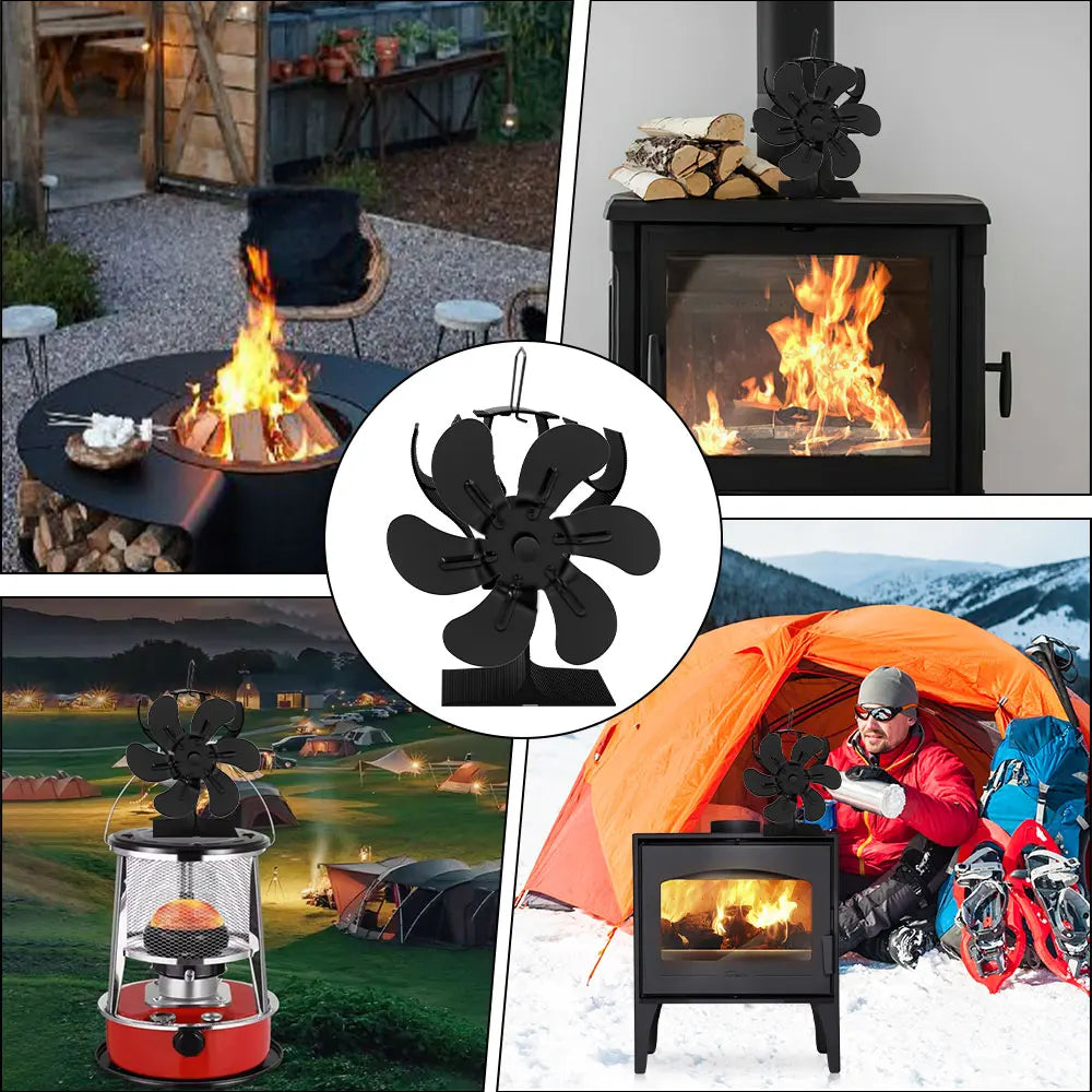New Heat Powered Stove Fan Eco Quiet Black 6 Blades Log Wood Burner Fireplace Fan Efficient Heat Distribution Winter Warmer Home