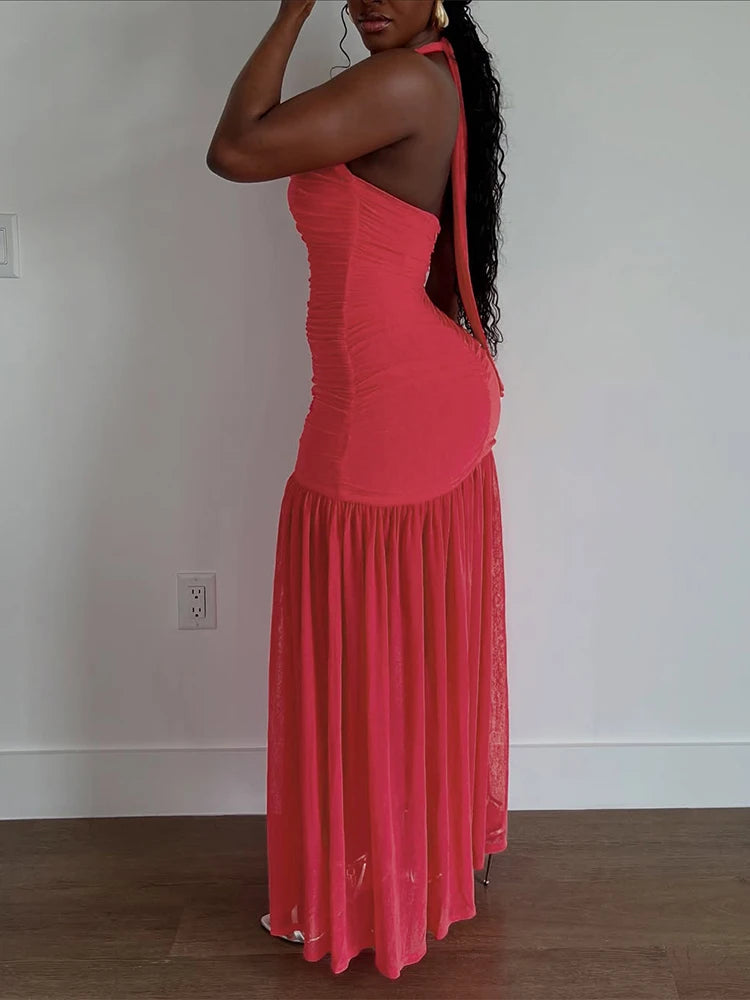 Nibber See Through Hem Dress Women Ruched Halter Summer Trend Sleeveless Backless Patchwork Midnight Clubwear Party Maxi Bodycon