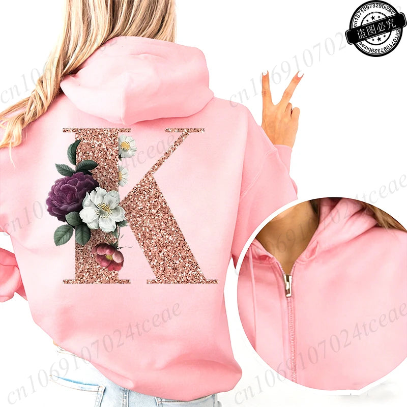 Women Zip Up Hoodies Rose Gold Letter A~Z Zipper Jackets Coats Autumn Winter Hoody Sweatshirt Fashion Casual Zip Pink Hoodie Top