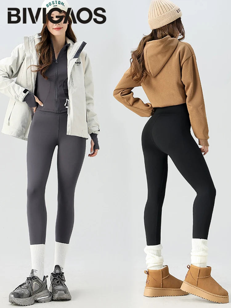 BIVIGAOS Snowflake Velvet Warm Sharkskin Leggings — Fleece-Lined High-Waist Winter Pants for Women