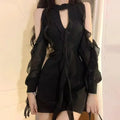 Korean Style Black Off-Shoulder Sexy Hollow-Out Dress for Women Spring Casual Temperament Fashion