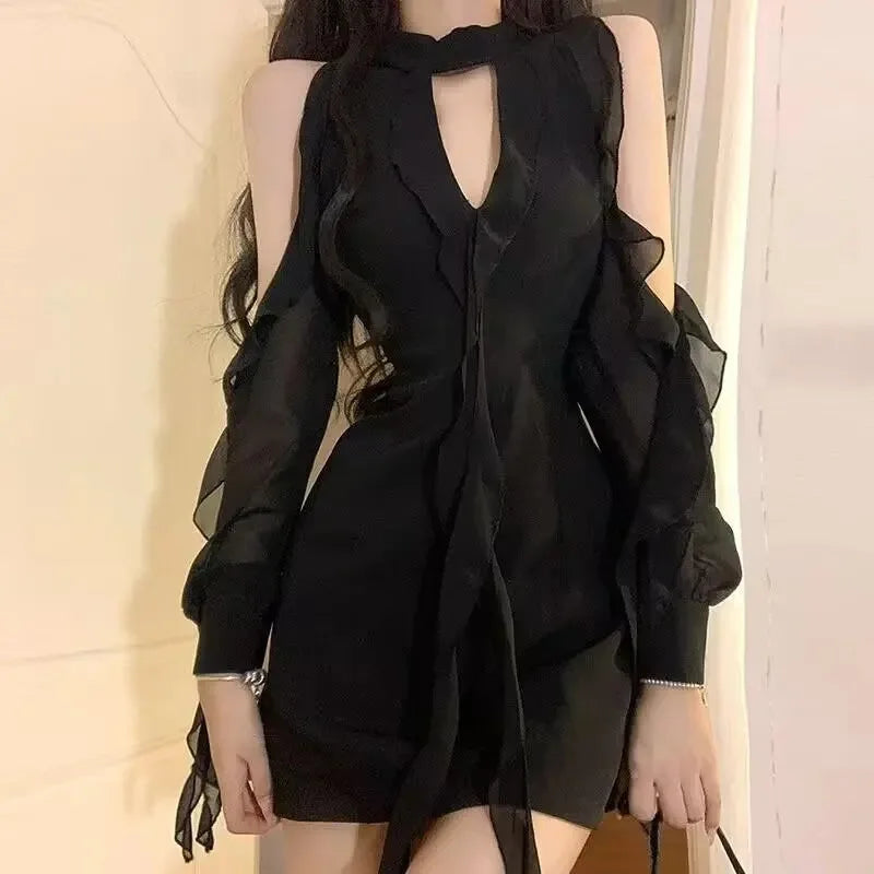 Korean Style Black Off-Shoulder Sexy Hollow-Out Dress for Women Spring Casual Temperament Fashion
