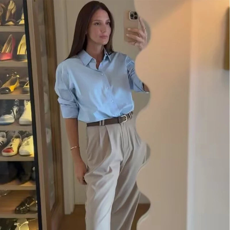 HXAO 2025 Women's Shirt Long Blue Shirt Women Spring Long Sleeve Oversize Shirts Blouses Korean Style Casual Button Up Shirts