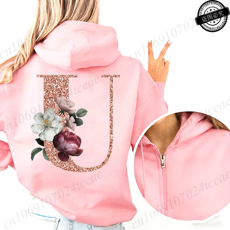 Women Zip Up Hoodies Rose Gold Letter A~Z Zipper Jackets Coats Autumn Winter Hoody Sweatshirt Fashion Casual Zip Pink Hoodie Top
