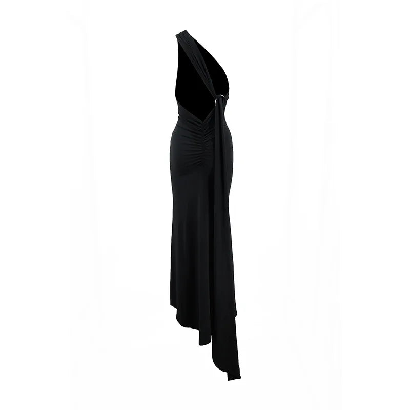 Women's One-Shoulder Sleeveless Maxi Dress Adjustable Scarf Loop Ruched Backless Bodycon Festival Party Outfit Elegant Long Gown