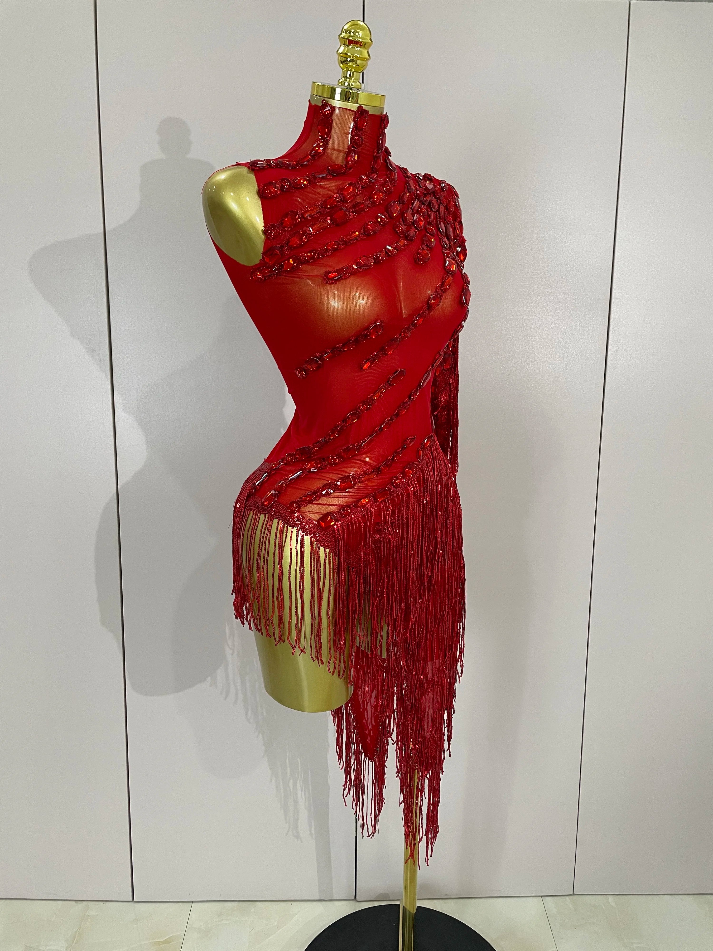 New Stage Costume Sparkly Rhinestones Tassel Sexy See-Through Dress Women One Shoulder Latin Dance Bars Nightclub Party Outfits