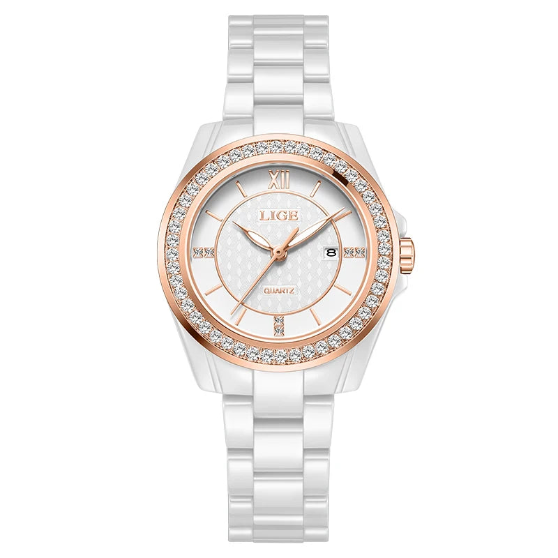 New LIGE Fashion Quartz Watch for Women Ceramics Strap Waterproof Date Women's Watches Elegant Luxury Diamond Ladies Wristwatch