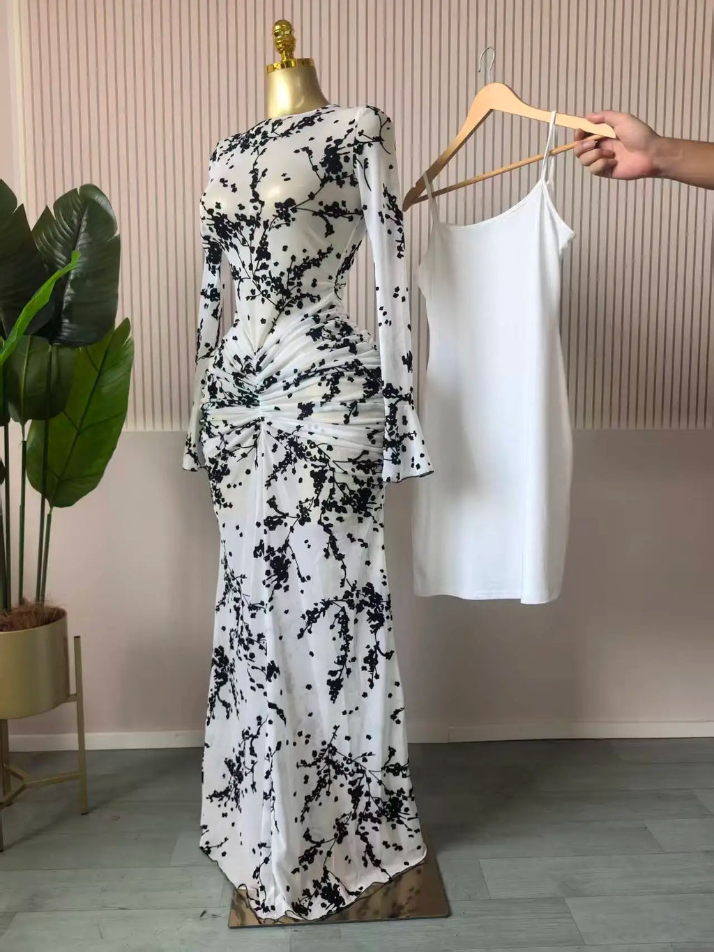 CM.YAYA Women Long Sleeve Stacked Mesh See Though with Lining Bodycon Long Dress 2025 Autumn Evening Birthday Sexy Party Dresses