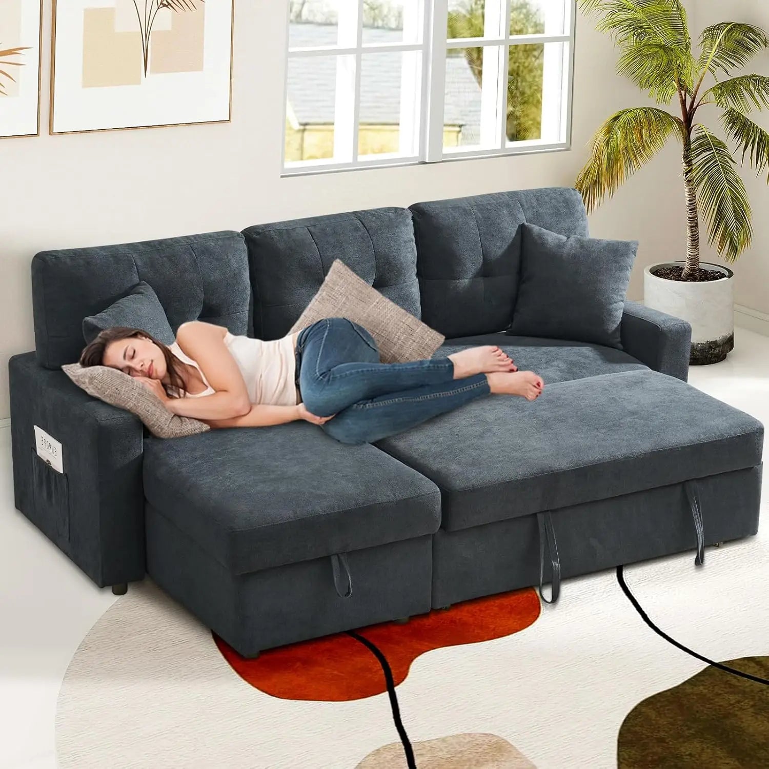 L Shape Sofa with Storage, Pull Out Couch Bed with USB&Type-C Ports, Convertible Sleeper Sofa