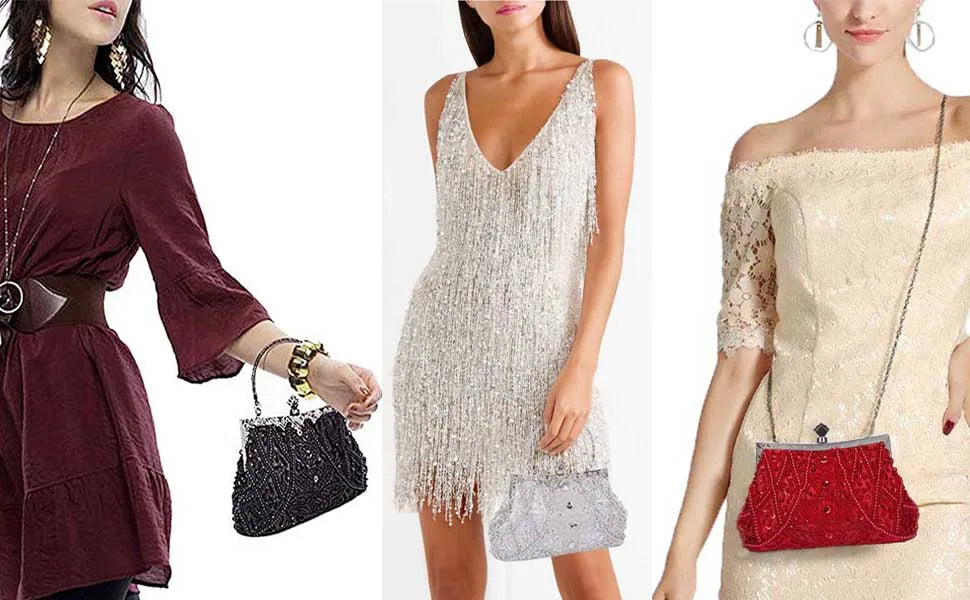 Lost in Vintage Clutch Handbag Beaded and Sequin Kiss-lock Closurer Shoulder Bag Crossbody Detachable ChainProm Evening Party