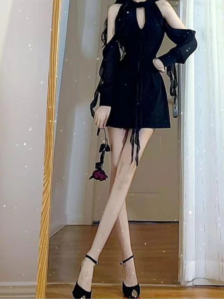 Korean Style Black Off-Shoulder Sexy Hollow-Out Dress for Women Spring Casual Temperament Fashion