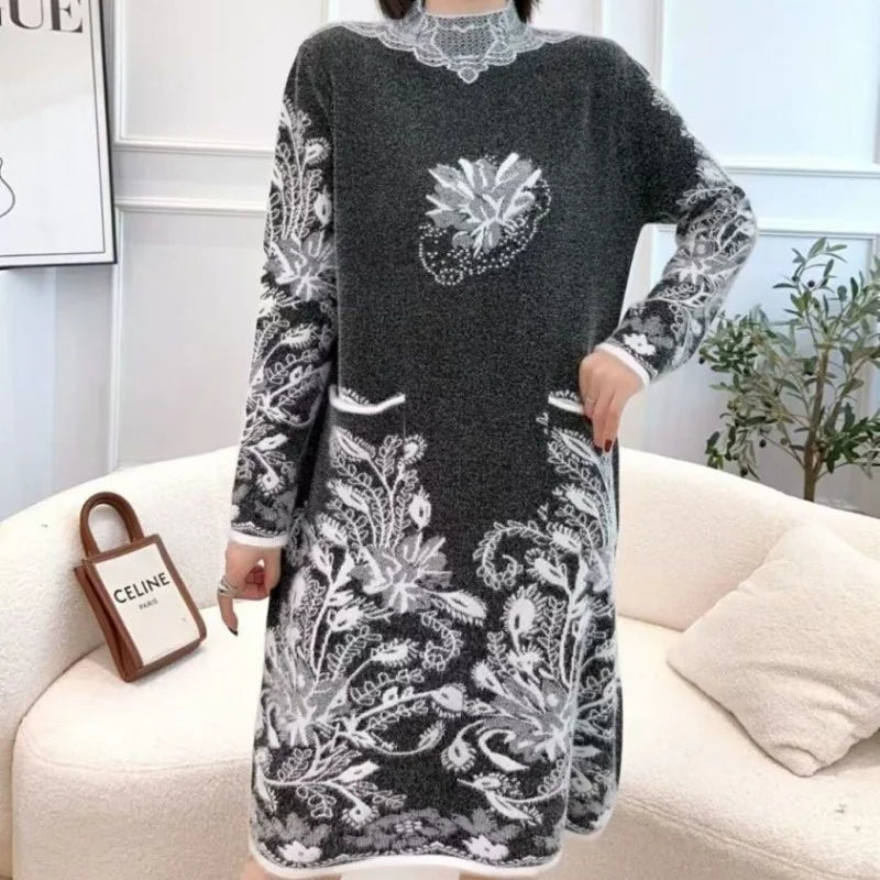 Autumn Winter Women Vintage Ethnic Style Flower Pockets Knitted Dresses Ladies Half High Collar Long Sleeve Loose Sweater Dress