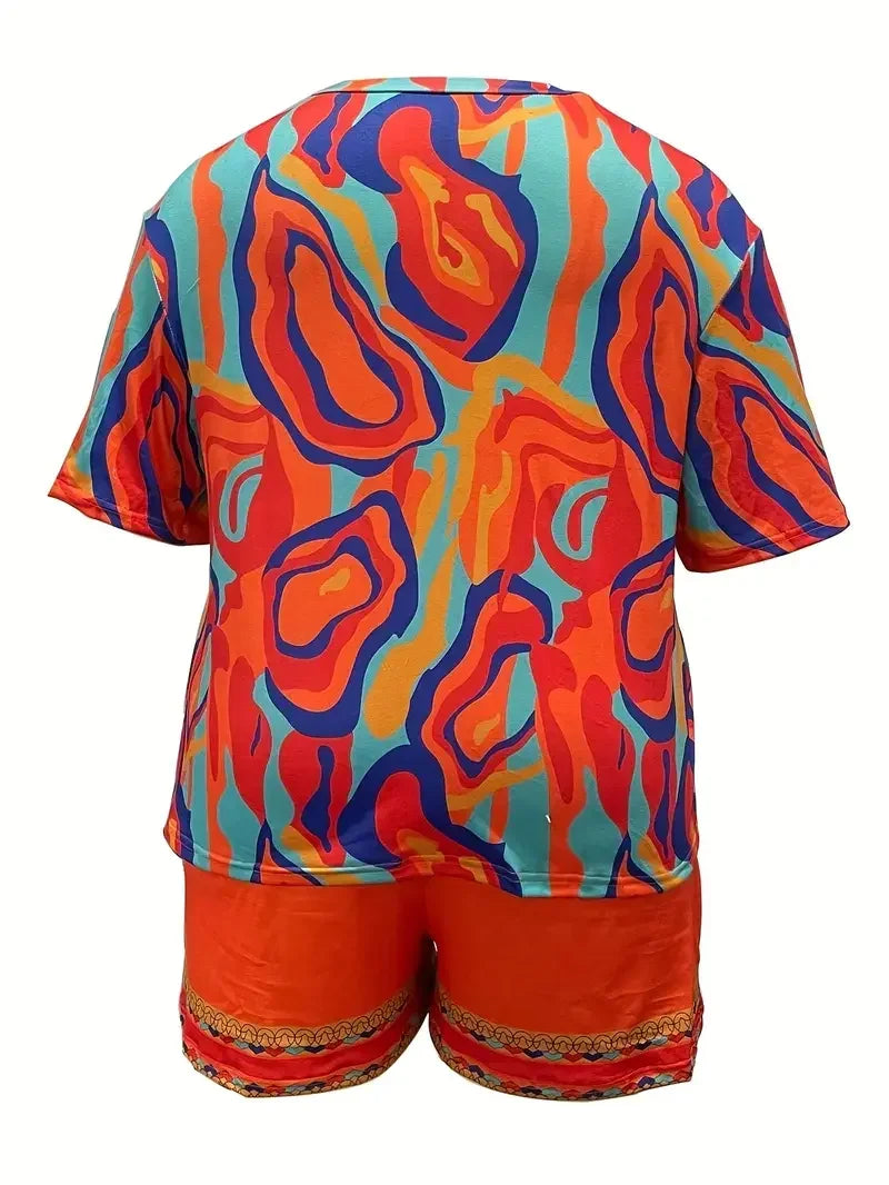Plus Size 1XL-5XL Women Casual Colorful Abstract Print Pajama Set  Short Sleeve Round Neck T-Shirt & Shorts Summer Loungewear