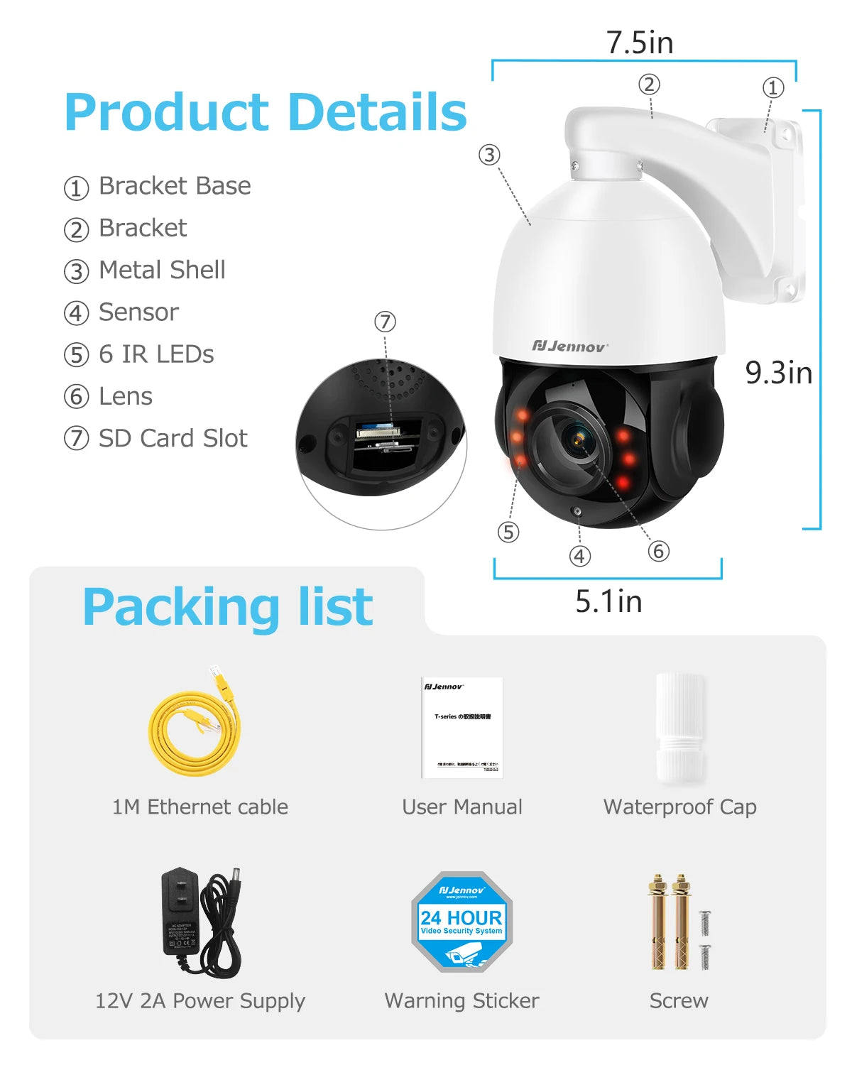 Jennov 360° 8MP PTZ POE IP Outdoor Security Camera 4K 30X Optical Zoom IR Night CCTV