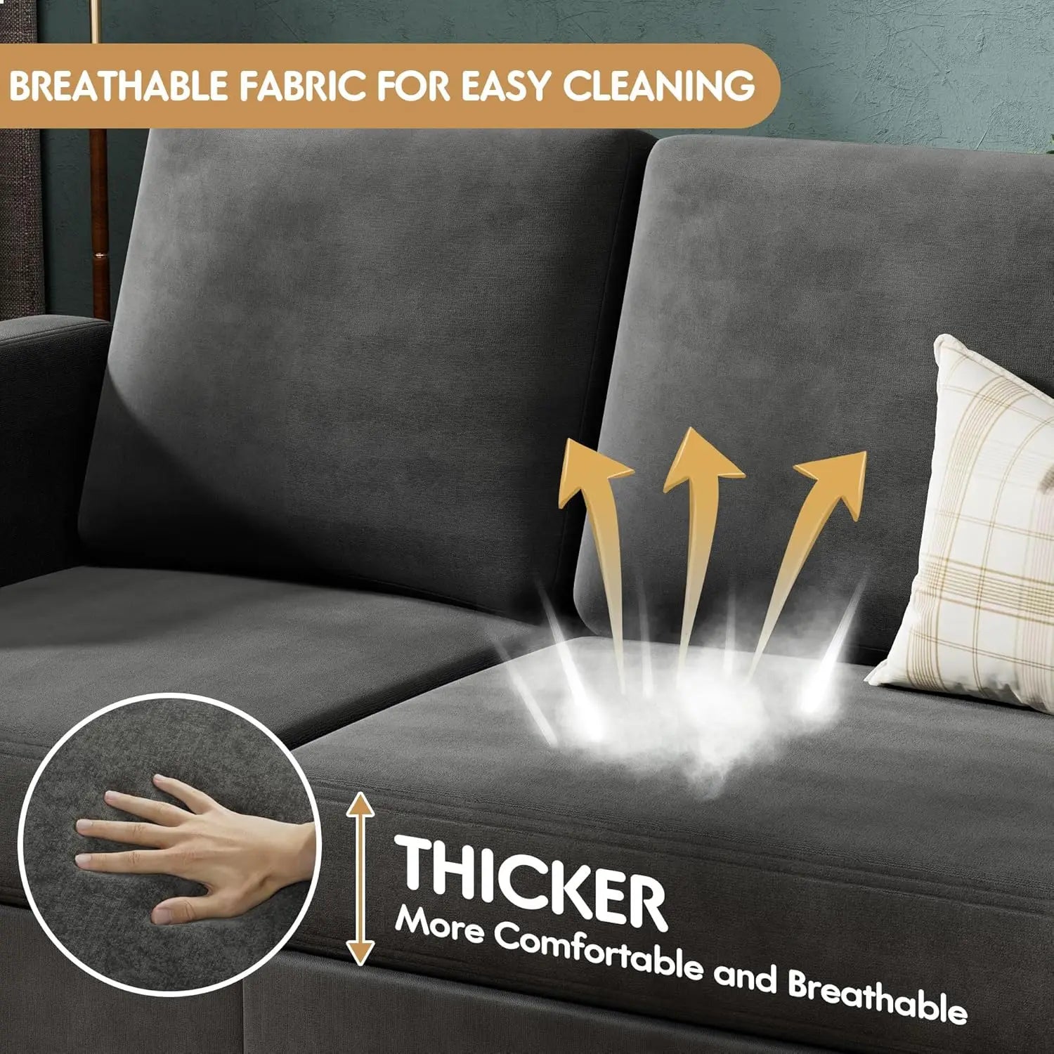 Sofa Couch, 3 Seat L-Shaped Sofa with Linen Fabric Ottoman Small Couch for Small Apartments, Living Room and Office (Dark Gray)