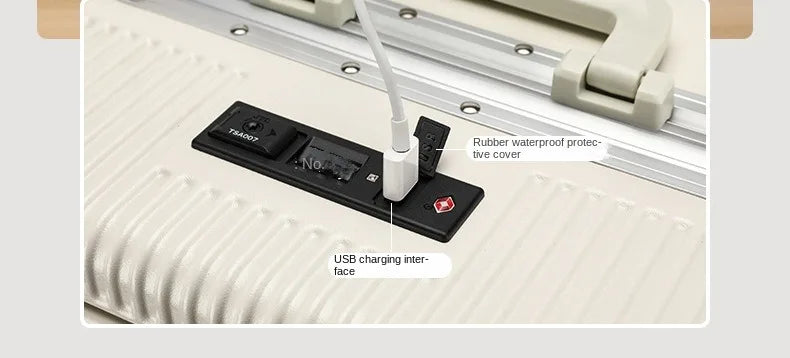 Suitcase Front Opening Pocket Aluminum Alloy Frame Rolling Luggage with USB Charging Plug Trolley Carry-on Case Bag with Wheel