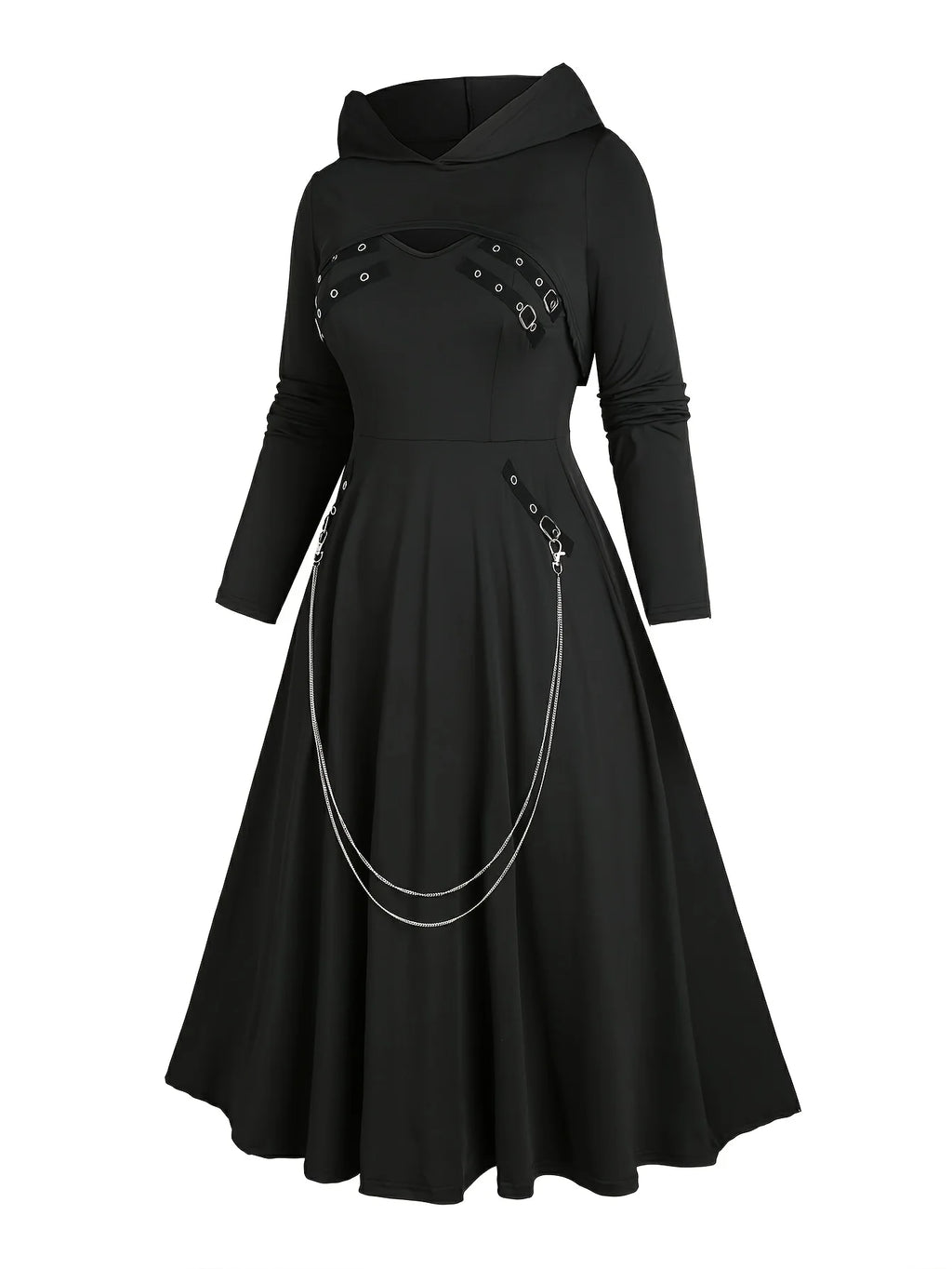 European and American Fashion Plus Size Chain Gothic Trial Dress with Long Sleeve Short-Sleeved Hooded Top Set
