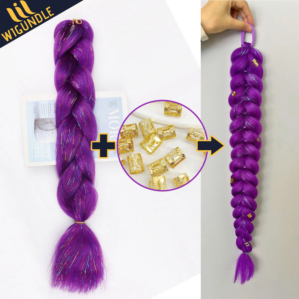 Ru mi Synthetic Braids Purple Hair Ponytail Costume Hairstyle 26inch Long Ponytail with Clips for Kids Girls Halloween Christmas