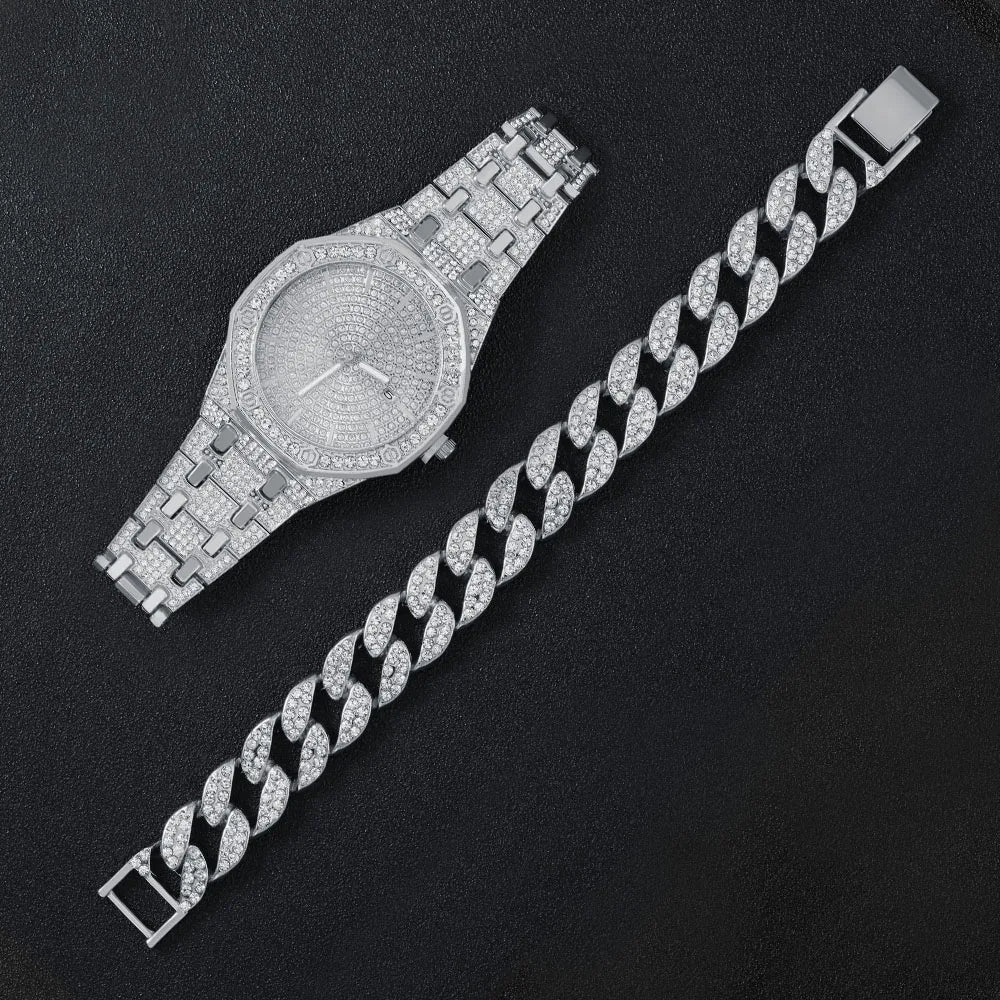 Women’s Full Iced-Out Watch Set | Green Dial Luxury Bling with Cuban & Tennis Chain Bracelets