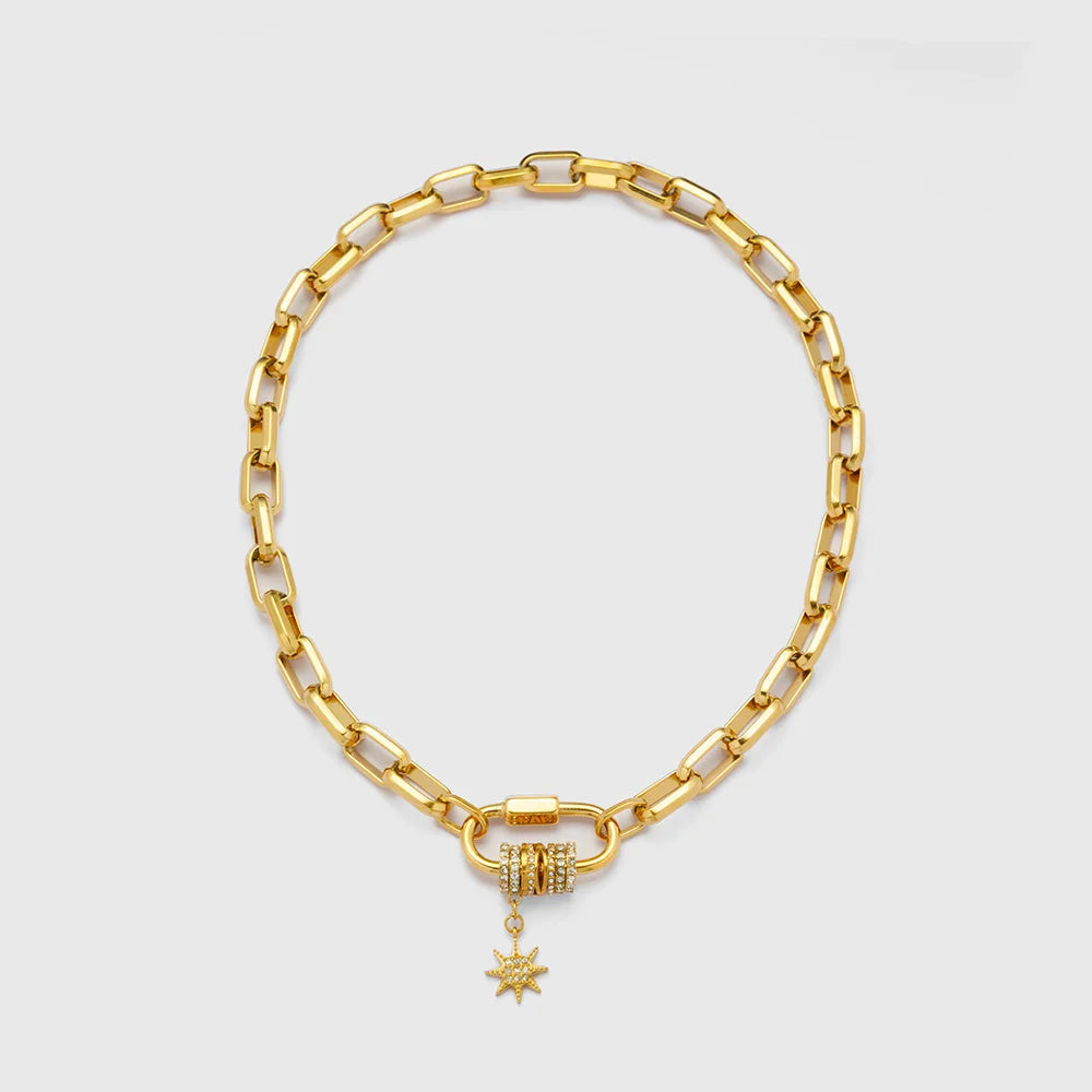 18K Gold-Plated Carabiner Necklace | Waterproof Stainless Steel Chain with Zircon Star Charm