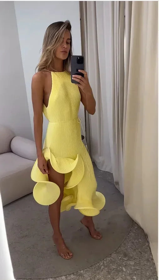 Women Romantic Yellow Halter Maxi Dress Ribbed Knit Ruffled High-slit Slim-fit Vestido 2026 Lady New Spring Trendy Fashion Robes