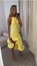 Women Romantic Yellow Halter Maxi Dress Ribbed Knit Ruffled High-slit Slim-fit Vestido 2026 Lady New Spring Trendy Fashion Robes