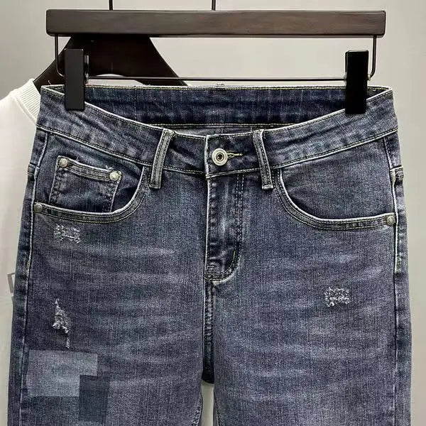 New Arrival Fashion Men's Jeans Splicing Cat Whiskers Ripped Scratched Luxury Clothing Slim Fit Tapered Legs Designer Slim Jeans