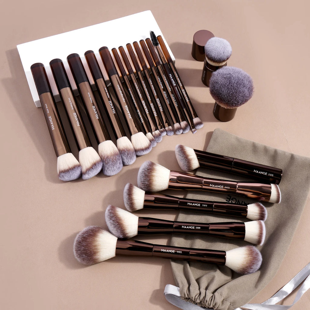 MAANGE 20PCS Makeup Brush Set Double Ended Foundation Contour Blush Eyes Brush Sot Fluffy Bristles Luxury Beauty Tools with Bag