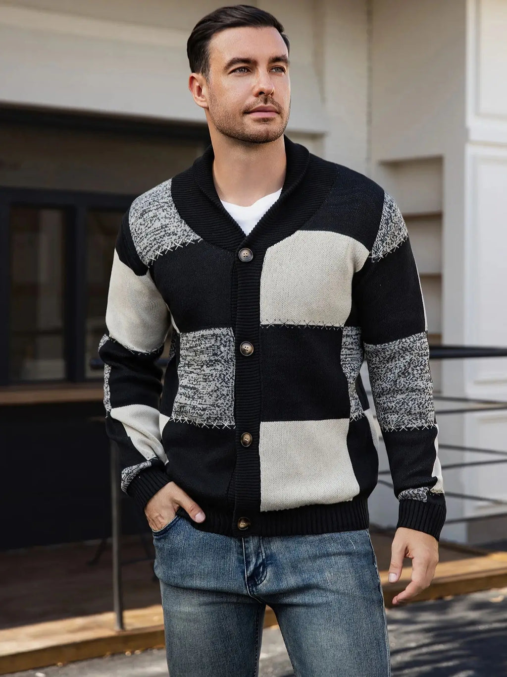 Men's Autumn and Winter Cardigan Sweater, Black-White-Gray Plaid Color Block, Casual and Versatile Knitted Jacket