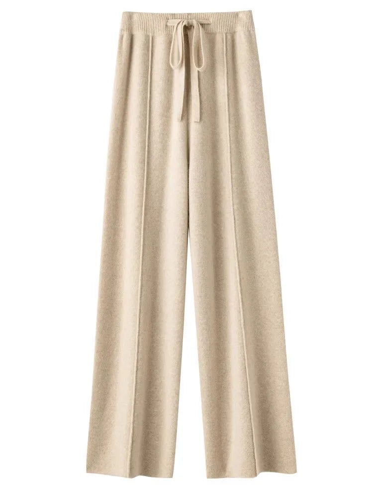 Women’s High-Waist Belted Knit Pants – Solid Color, Center-Crease Wide-Leg (Autumn/Winter 2026)