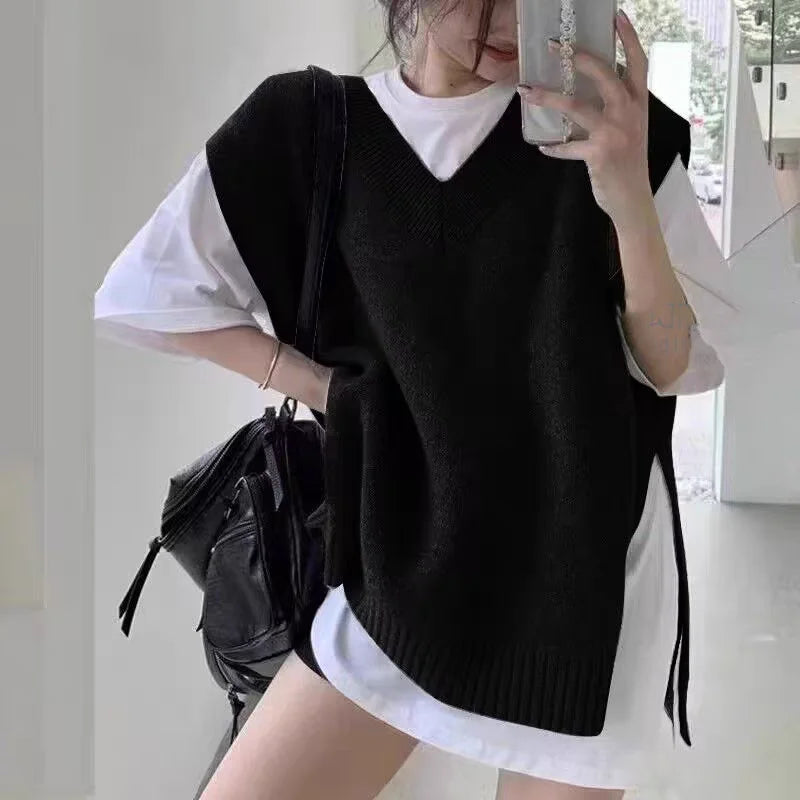 Autumn Sleeveless Women Loose Casual Vest Fashion Solid Color Elegant V-neck Knitted Top Korean Style Pullover Knitwear