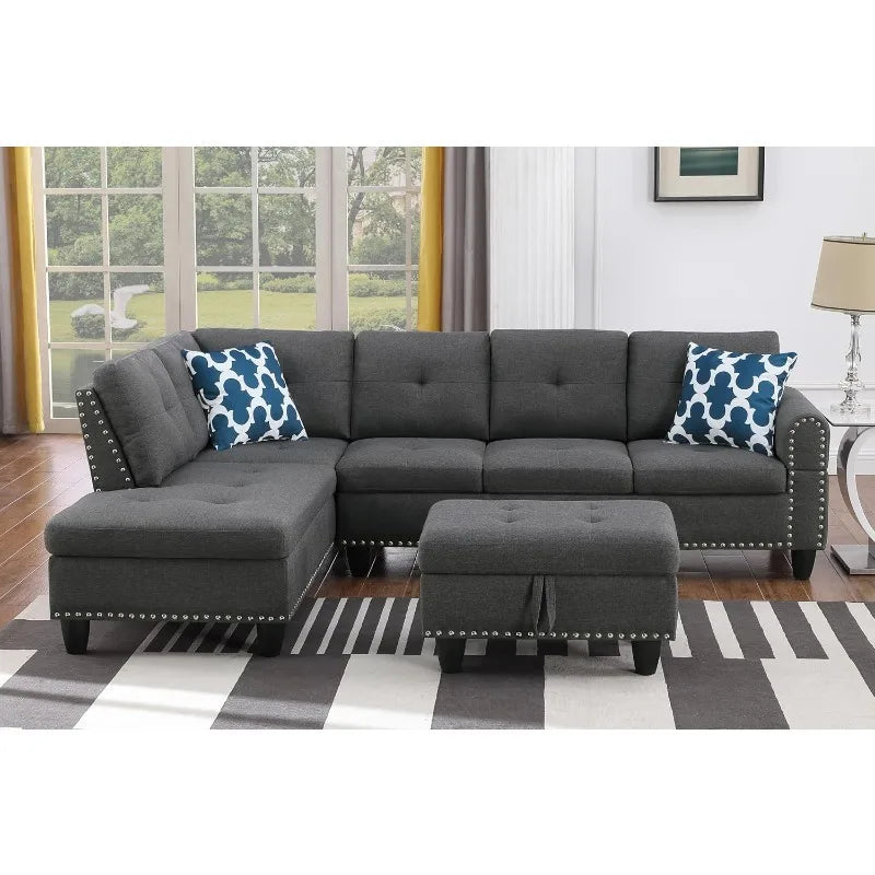 4 Seat Linen Upholstered Sectional Sofa Set 3 PCS W/Cup Holders & Coffee Table,for Home,Office,Dark Gray
