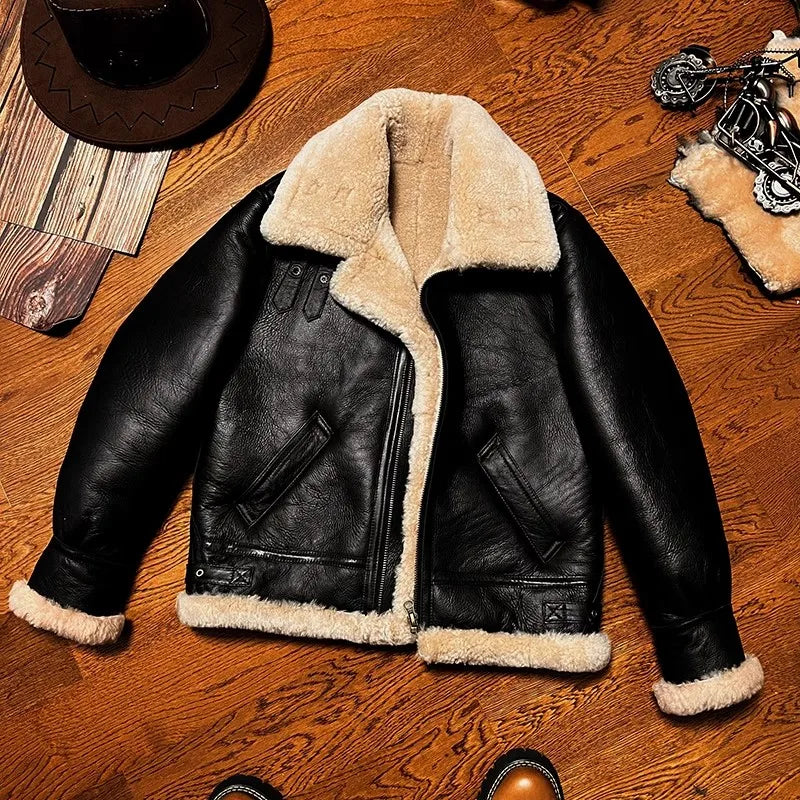 CC Shop Best.Mens High quality 100% real fur jacket.Classic B3 winter warm thick leather coat.narural sheepskin with wool.Thick
