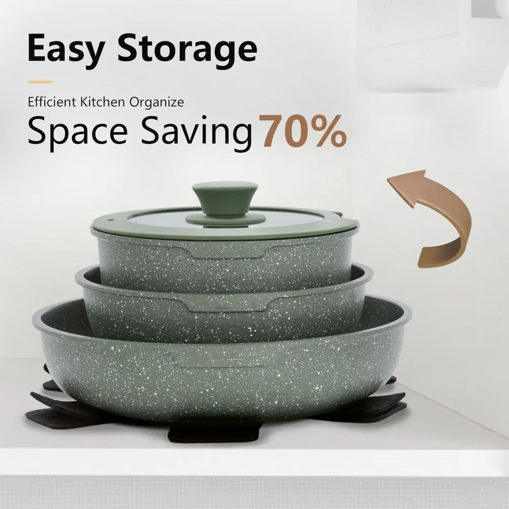 10-Piece Nonstick Cookware Set – Removable Handle, Induction Ready