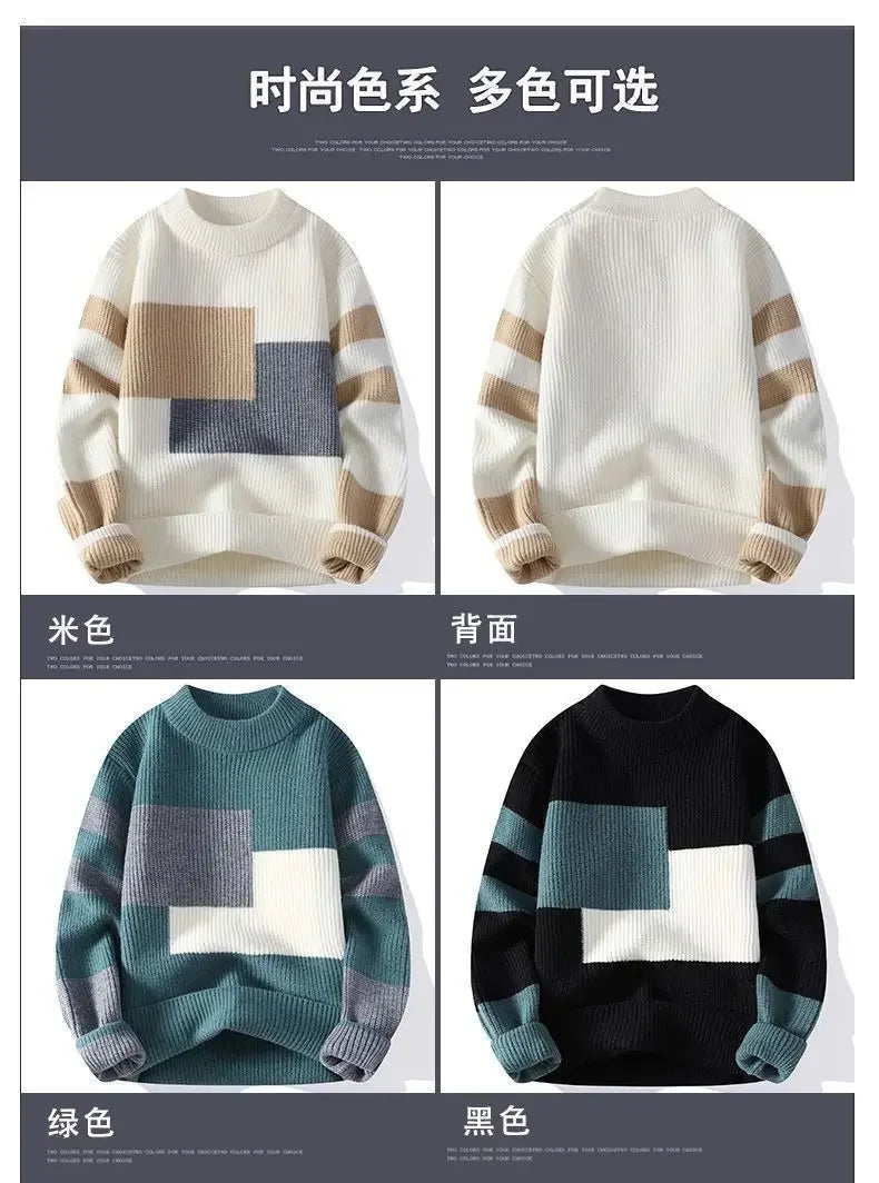 Autumn Winter New Men Sweater Mock Neck Patchwork Contrast Color Trend Youth Fashion Thicken Long Sleeve Pullovers Knitted Tops