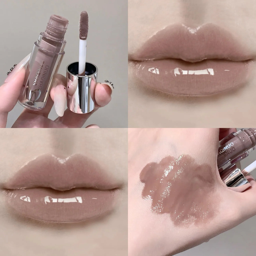 SHAQINUO Water Light Mirror Lip Gloss Lasting Moisturizing Cool Black Silver Gray Pearlescent Fine Sparkling Lipstick Lip Oil