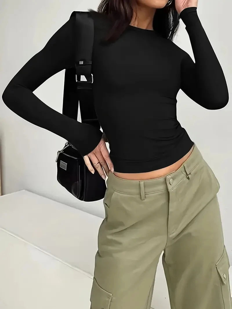 Women’s Slim Fit Long Sleeve Crop Top – Basic Layering Tee for Spring & Fall Fashion (Y2K Style)