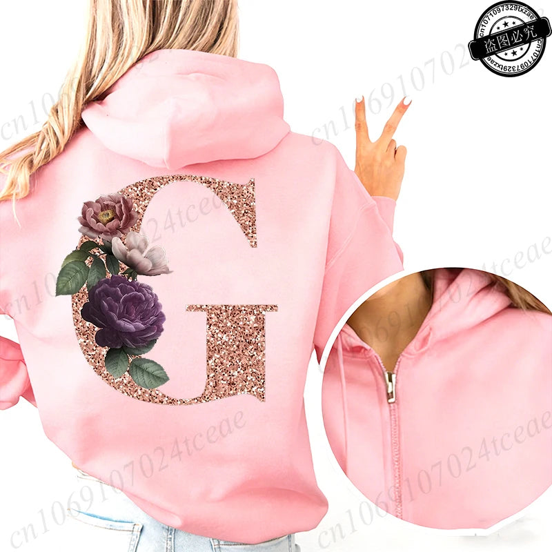 Women Zip Up Hoodies Rose Gold Letter A~Z Zipper Jackets Coats Autumn Winter Hoody Sweatshirt Fashion Casual Zip Pink Hoodie Top
