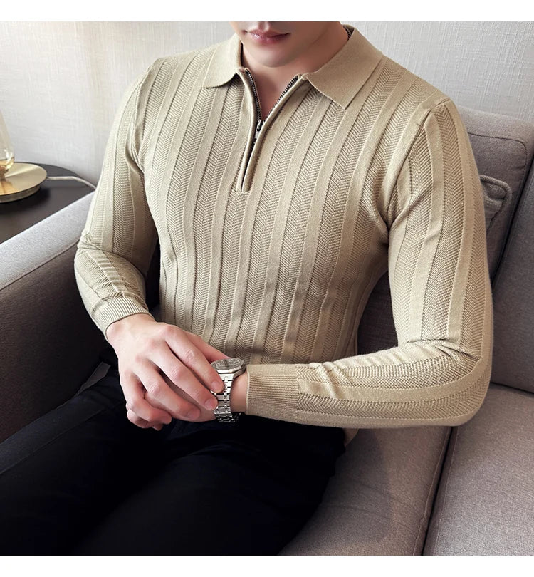 Men's Zip-Front Knit Sweater - White Polo Collar (Black/Burgundy/Cream) M-4XL Soft Touch Autumn Winter Casual Style