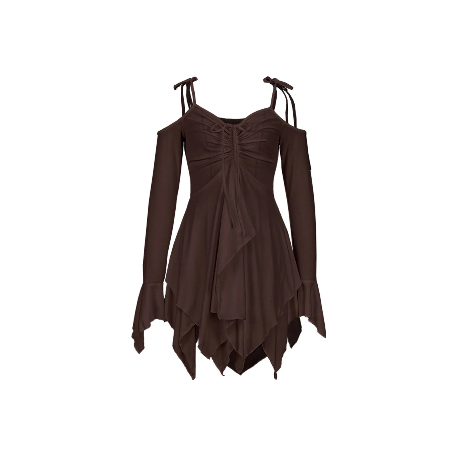 SKMY Women Clothing Drawstring Pleated Short Dresses Solid Color Y2K Irregular Lace-Up Off The Shoulder Long Sleeve Dress