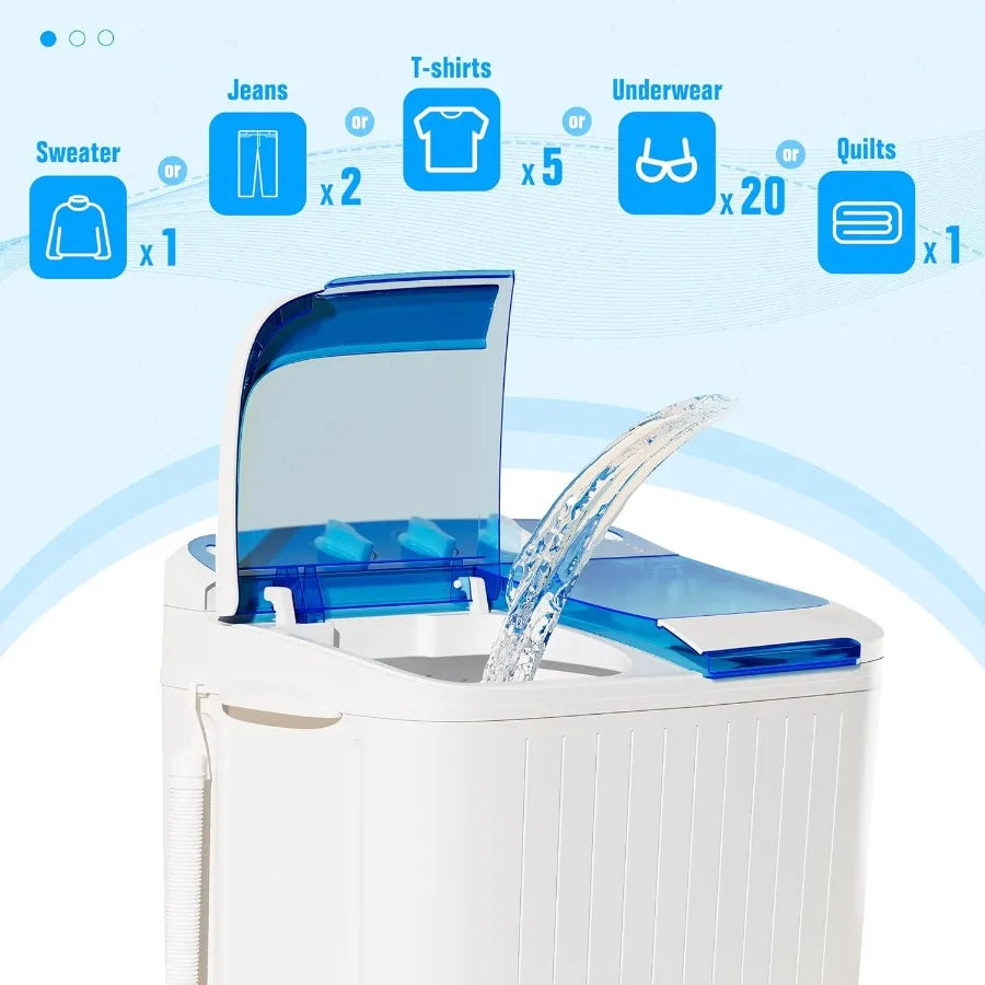 Portable Washing Machine with Longer Hose 16lbs Twin Tub Washer Mini Compact Laundry Washing Machine with Drain Pump Semiautoma